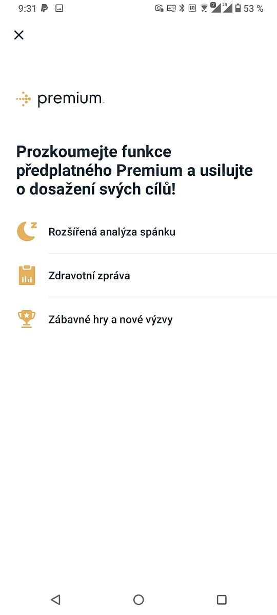 Nabídka předplatného Premium v aplikaci Fitbit. Předplatné odemkne možnost videokurzů s tréninky a podrobné vyhodnocení zdravotních dat ze zařízení Fitbit. (4. 12. 2021)