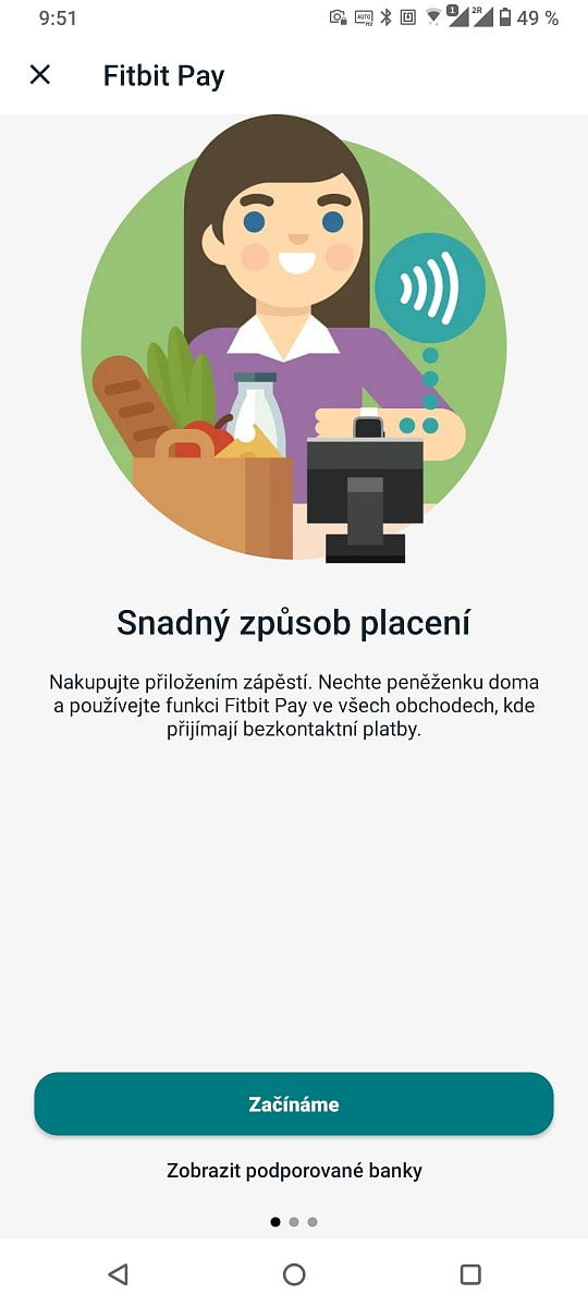 Fitbit Pay. Úvodní menu elektronické peněženky. (4. 12. 2021)