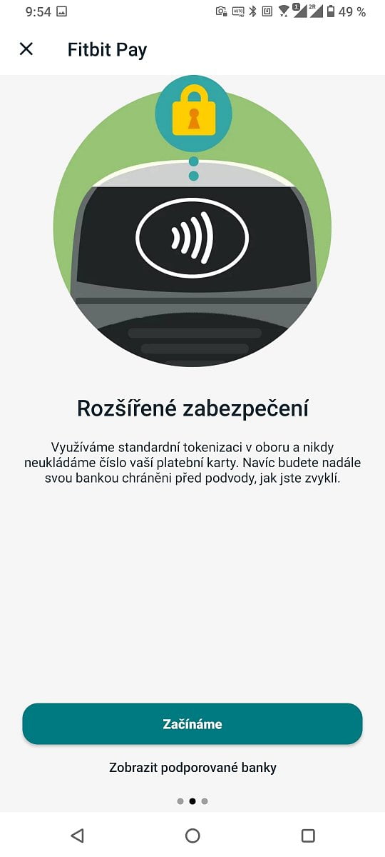 Fitbit Pay. Úvodní menu elektronické peněženky. (4. 12. 2021)