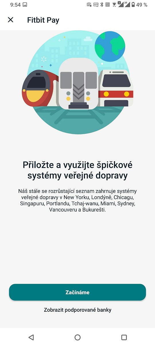 Fitbit Pay. Úvodní menu elektronické peněženky. (4. 12. 2021)