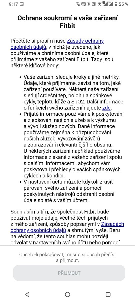 Podmínky ochrany soukromí při aktivaci aplikace Fitbit. (4. 12. 2021)