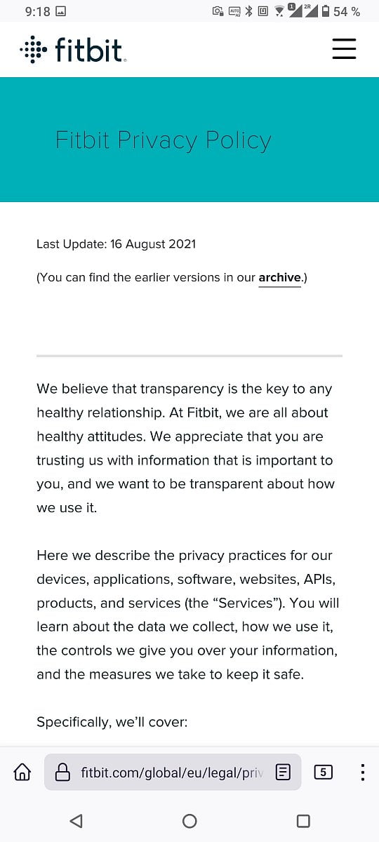 Podmínky ochrany soukromí při aktivaci aplikace Fitbit. (4. 12. 2021)
