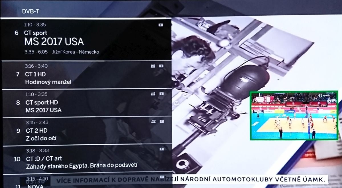 Seznam naladěných kanálů s informacemi z EPG.