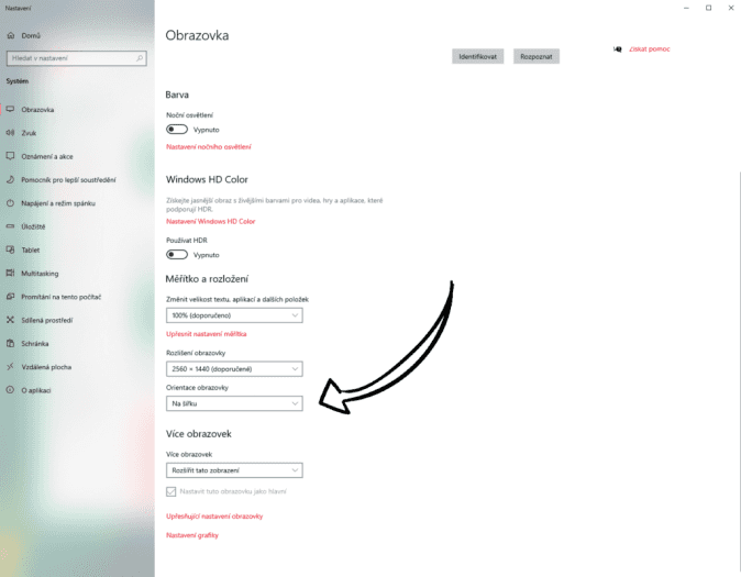 Otočení obrazovky v nastavení Windows 10