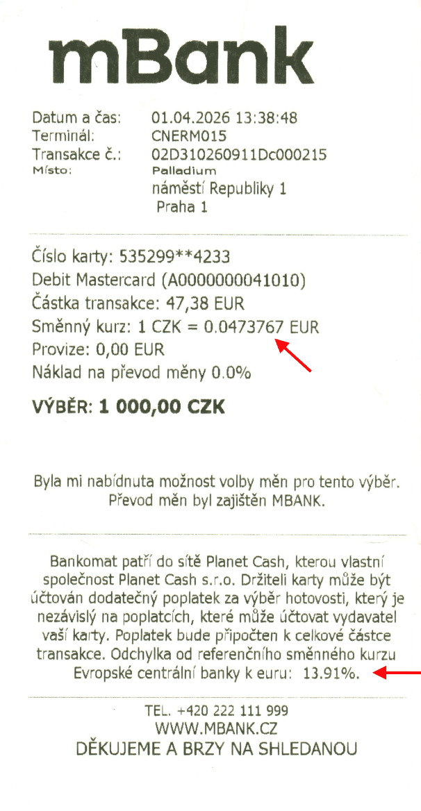 ATM Planet Cash. Přirážka DCC: 13,91 %. Poplatek 0 Kč. (01. 04. 2026)