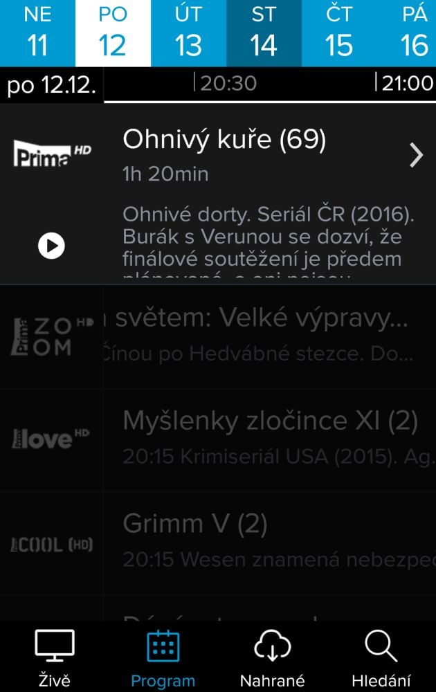 Tady už pořad buď rovnou přehrajete, nebo - po klepnutí na šipku vpravo nahoře - získáte o pořadu další informace. Více viz fotogalerie "nahrávání".