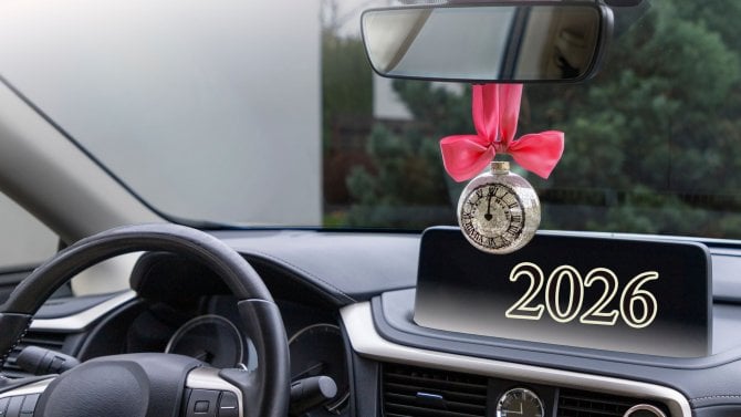 Pohled z automobilu s nápisem roku 2026 na palubní desce