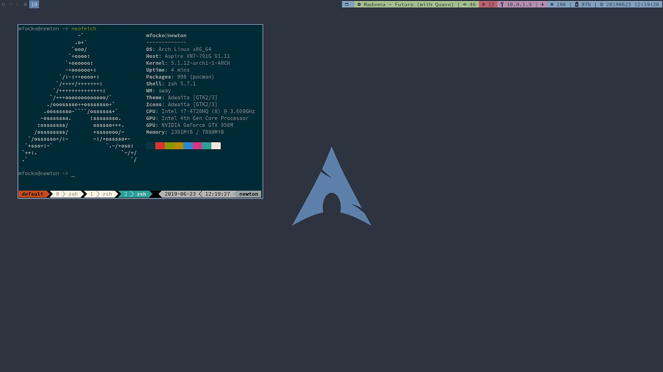 Sway (Nord), Tilix (Solarized, zsh + tmux)