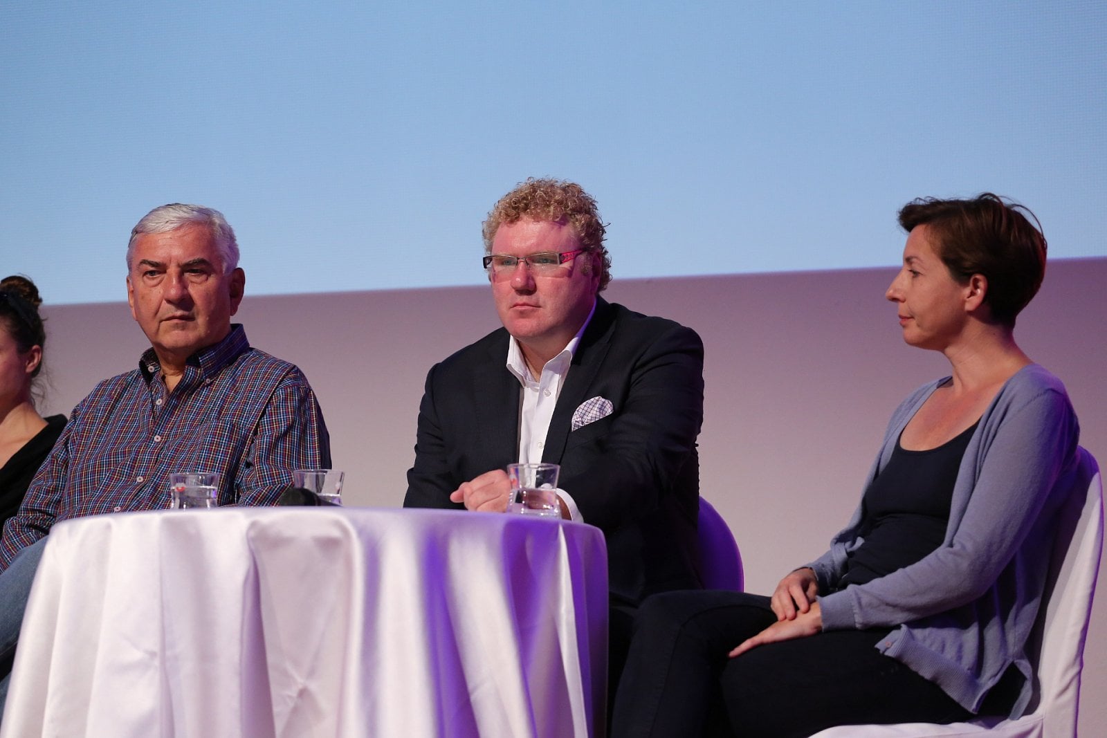 Miroslav Donutil, programový ředitel ČT Milan Fridrich a herečka Barbara Lukešová.