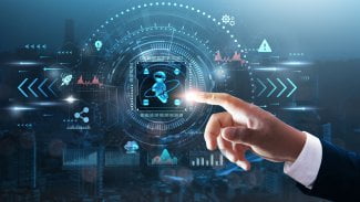 Virtuální realita (VR): Ruka podnikatele dotýkající se futuristického technologického rozhraní, působivé zážitky, 3D vizualizace, interaktivní prostředí, simulace podnikových řešení.