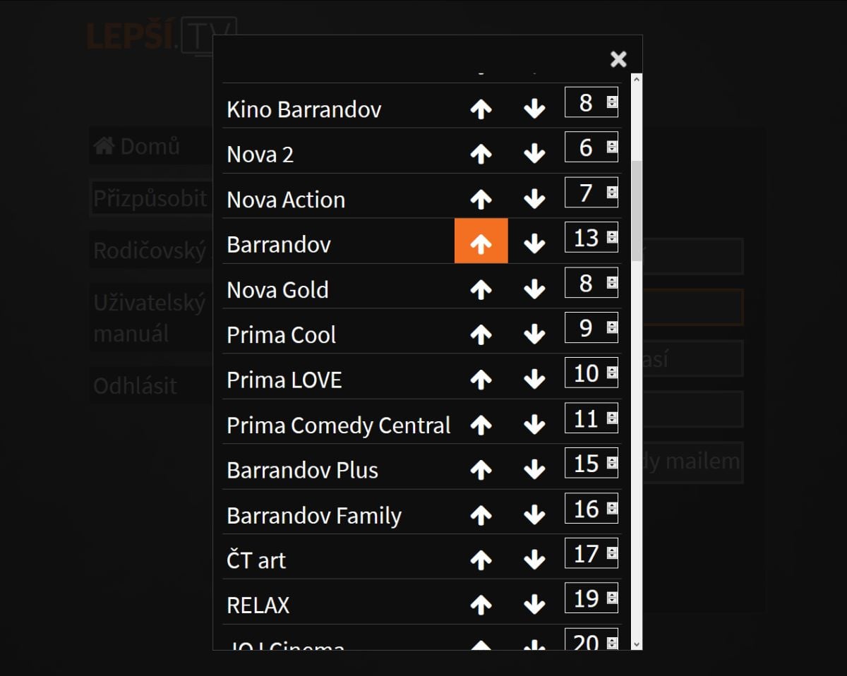 Setřídění TV stanic zajišťují rozměrné šipky a nedělá se dvakrát pohodlně.