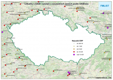Lokality s DAB+ vysílači v sousedních zemích
