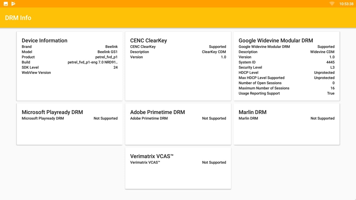 Menu nastavení a DRM info