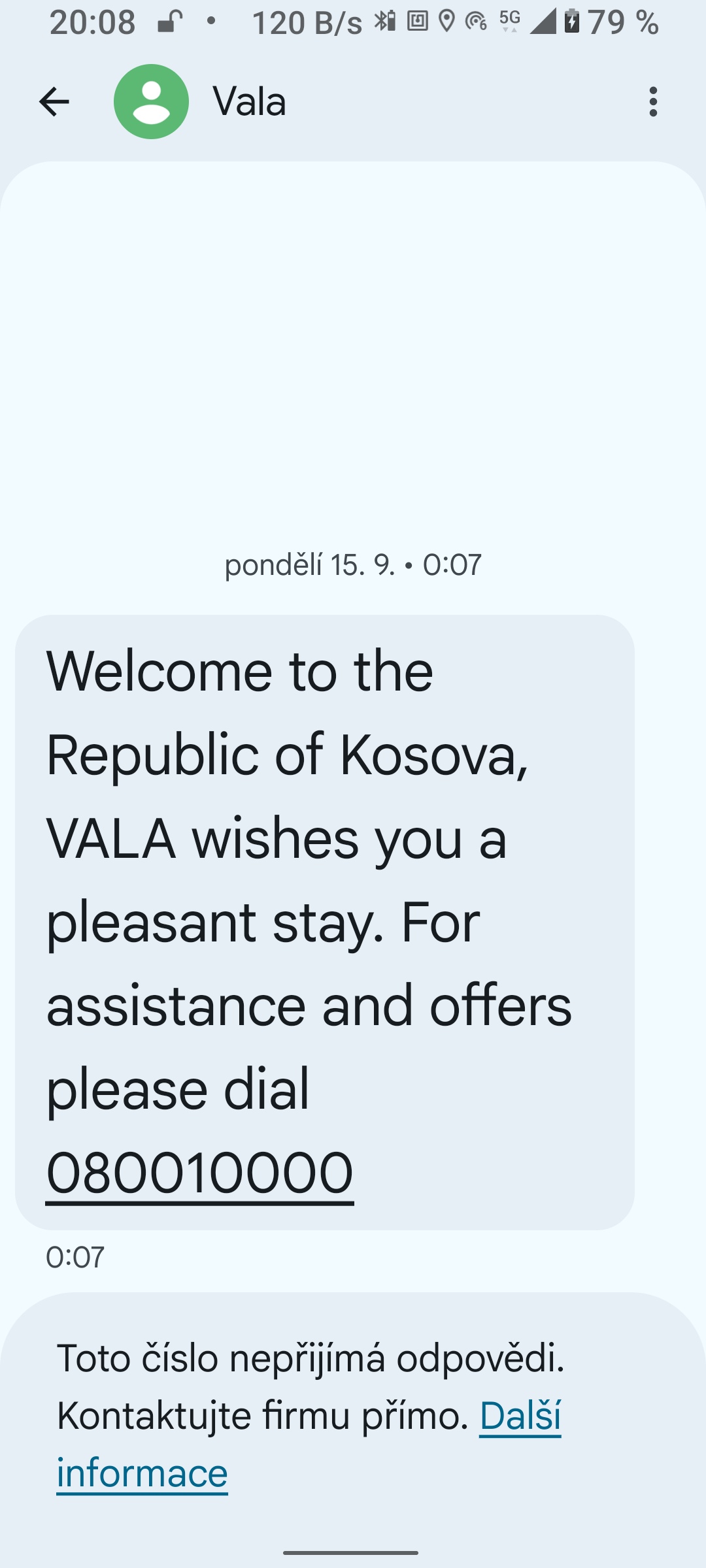 Uvtací SMS od kosovského mobilního operátora Vala. (15. 09. 2025)