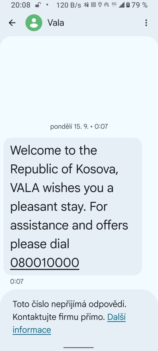 Uvtací SMS od kosovského mobilního operátora Vala. (15. 09. 2025)