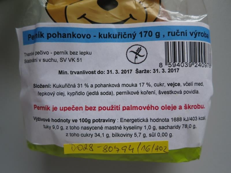 Výrobna KORÁLEK, Opava-Suché Lazce: Perník pohankovo-kukuřičný bez lepku - výrobek obsahoval lepek v množství větším než 20 mg/kg. Toto množství (20 mg/kg) je maximální povolené množství lepku pro potraviny označené jako "bez lepku".