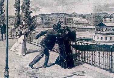 Umělecké ztvárnění ubodání Elisabeth italským anarchistou Luigim Luchenim