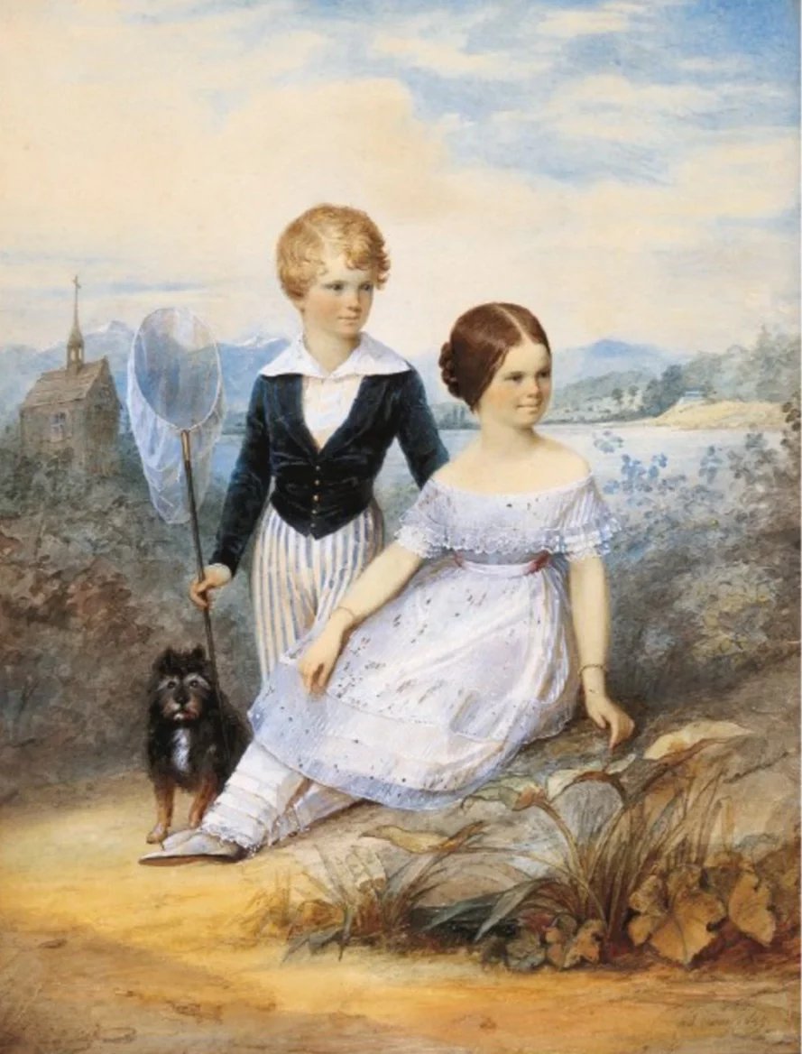 Elisabeth (11 let), její bratr Karl Theodor, vévoda bavorský (9 let), a jejich pes „Bummerl“ na zámku Possenhofen (1849)