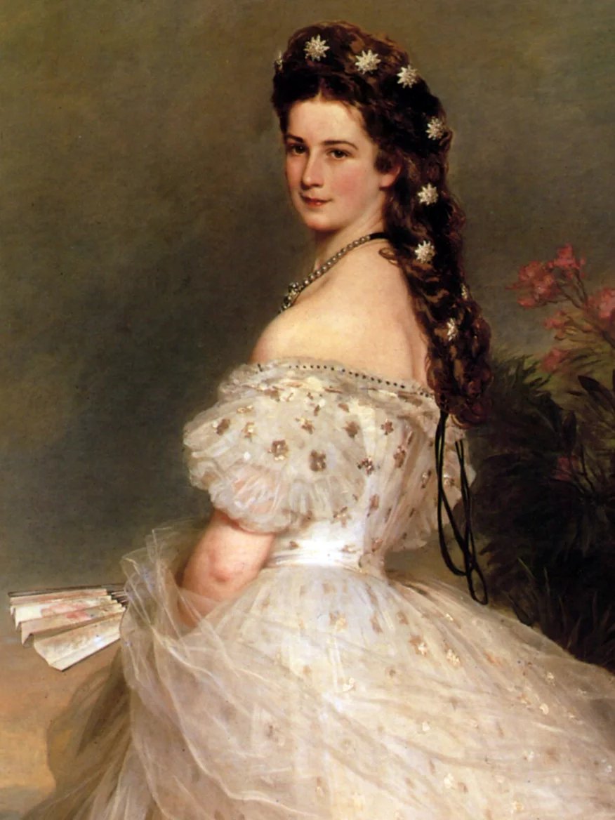 Rakouská císařovna Alžběta ve dvorních slavnostních šatech s diamantovými hvězdami na obraze od Franze Xavera Winterhaltera (1865)