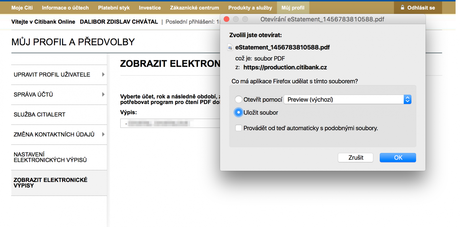 Výpis z účtu se stahuje ve formátu PDF.