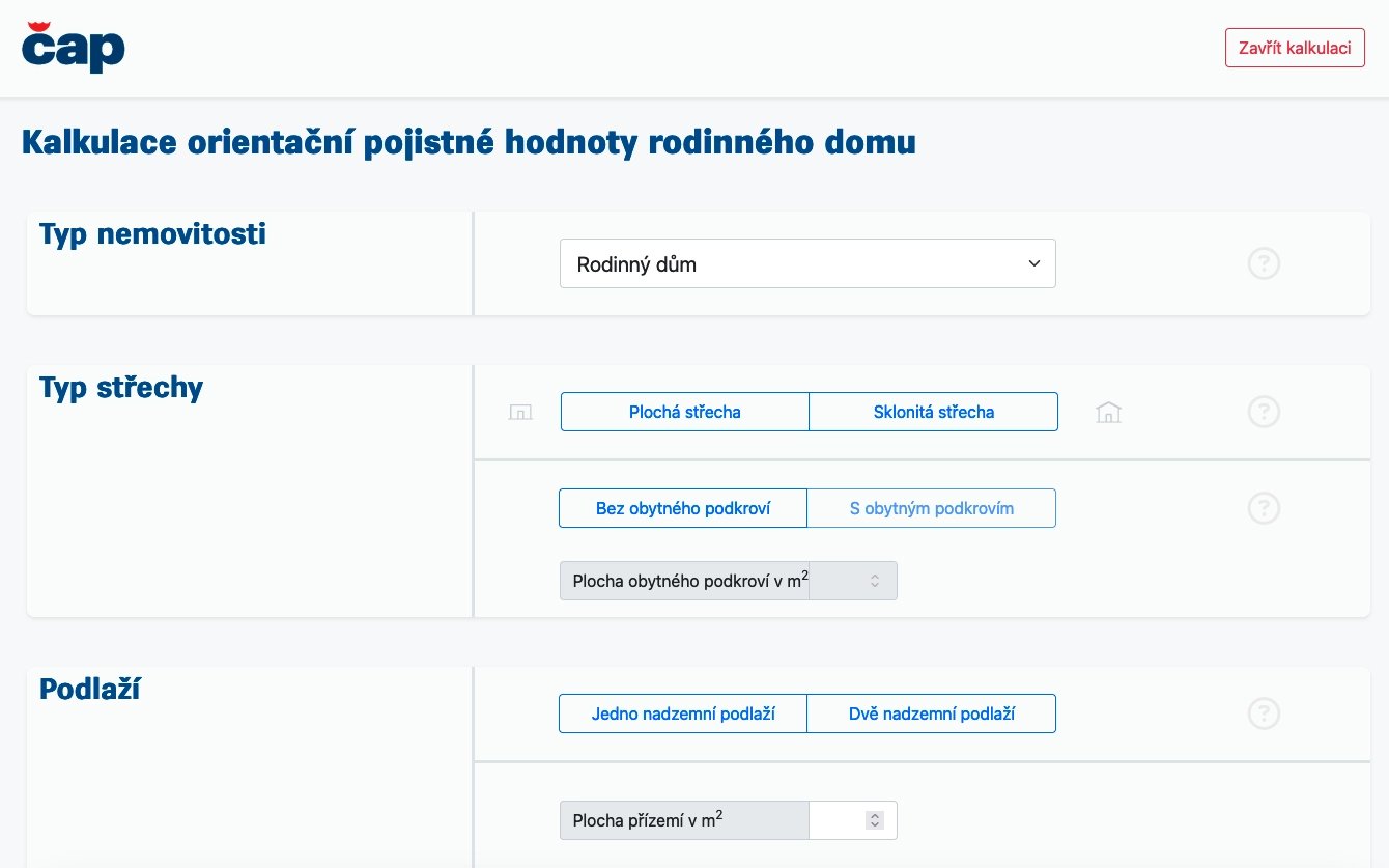 Kalkulace orientační pojistné hodnoty rodinného domu od České asociace pojišťoven (12/2023).