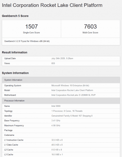 Vzorek procesoru Intel Rocket Lake s maximálním boostem 50 GHz v Geekbench