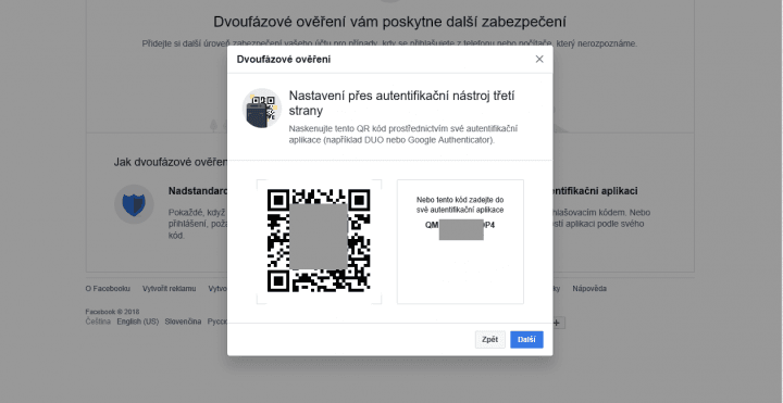 Vygenerovaný QR kód vyfotíte mobilní aplikací (Authenticatorem)