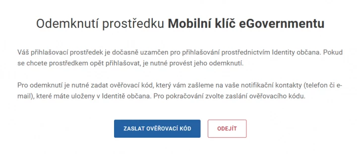 Identita občana - zadání kódu pro odemčení
