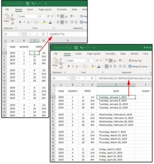 Vzorce pro výpočet týdne v měsíci ve sloupci C a pro zjištění data ve sloupci E.