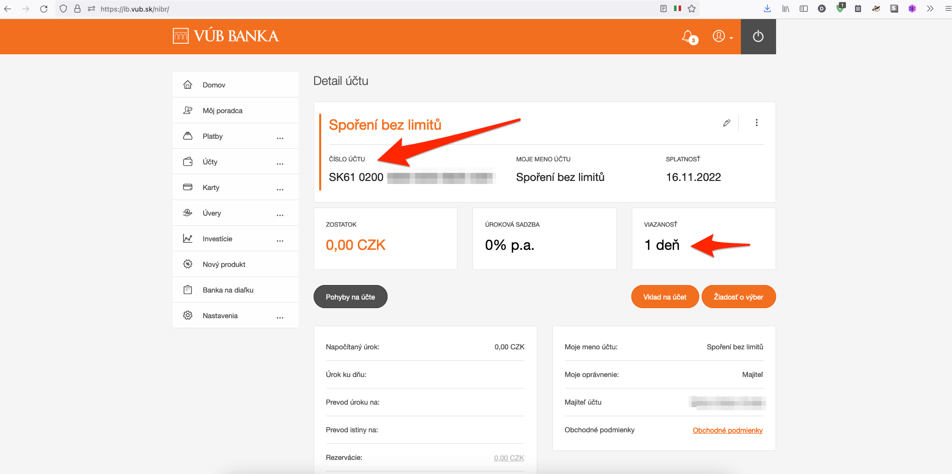 Proces založení finančního produktu "Spořicí účet bez limitů" od Všeobecné úverové banky (15. 11. 2022)