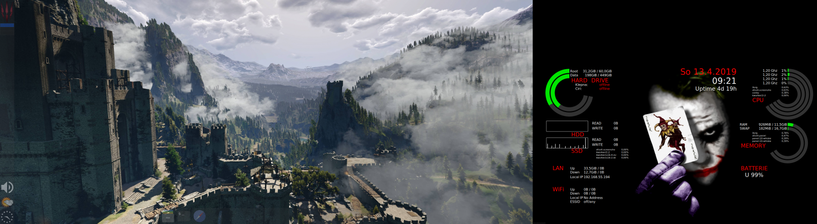 Jednoduchá plocha postavená na openbox. Obrázky na ploše pomocí nitrogen, panely jsou xfce4-panel a druhá obrazovka slouží převážně pro stav systému pomocí conky+lua.