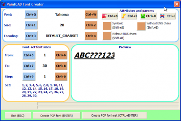 Okno PaintCad Font Creator.