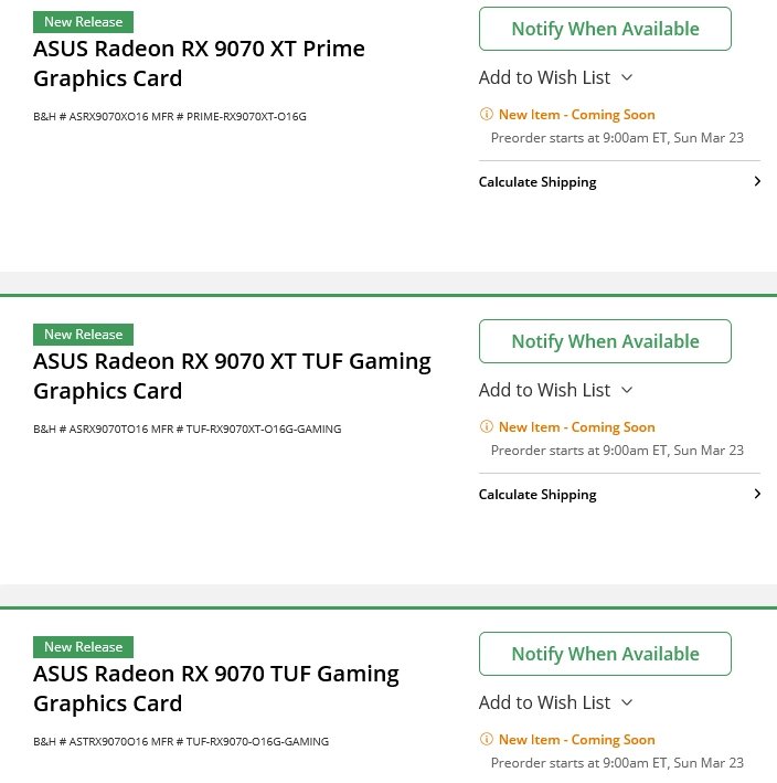 Termíny předobjednávek pro Radeony RX 9070 XT a RX 9070 v B&H Photo Video