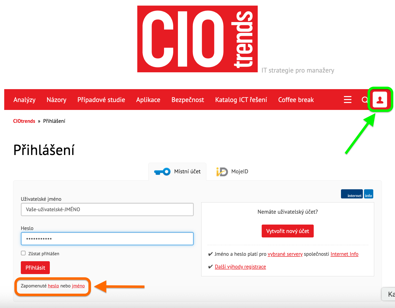 Přihlašovací stránka CIO