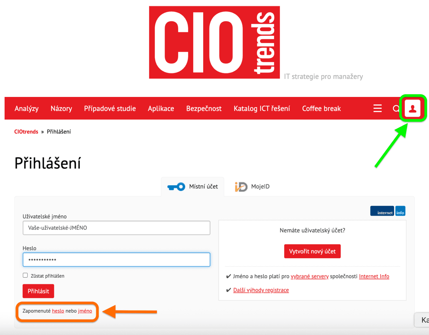 Přihlašovací stránka CIO