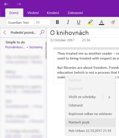 5. Kontextová nabídka ve OneNotu pro Windows 10