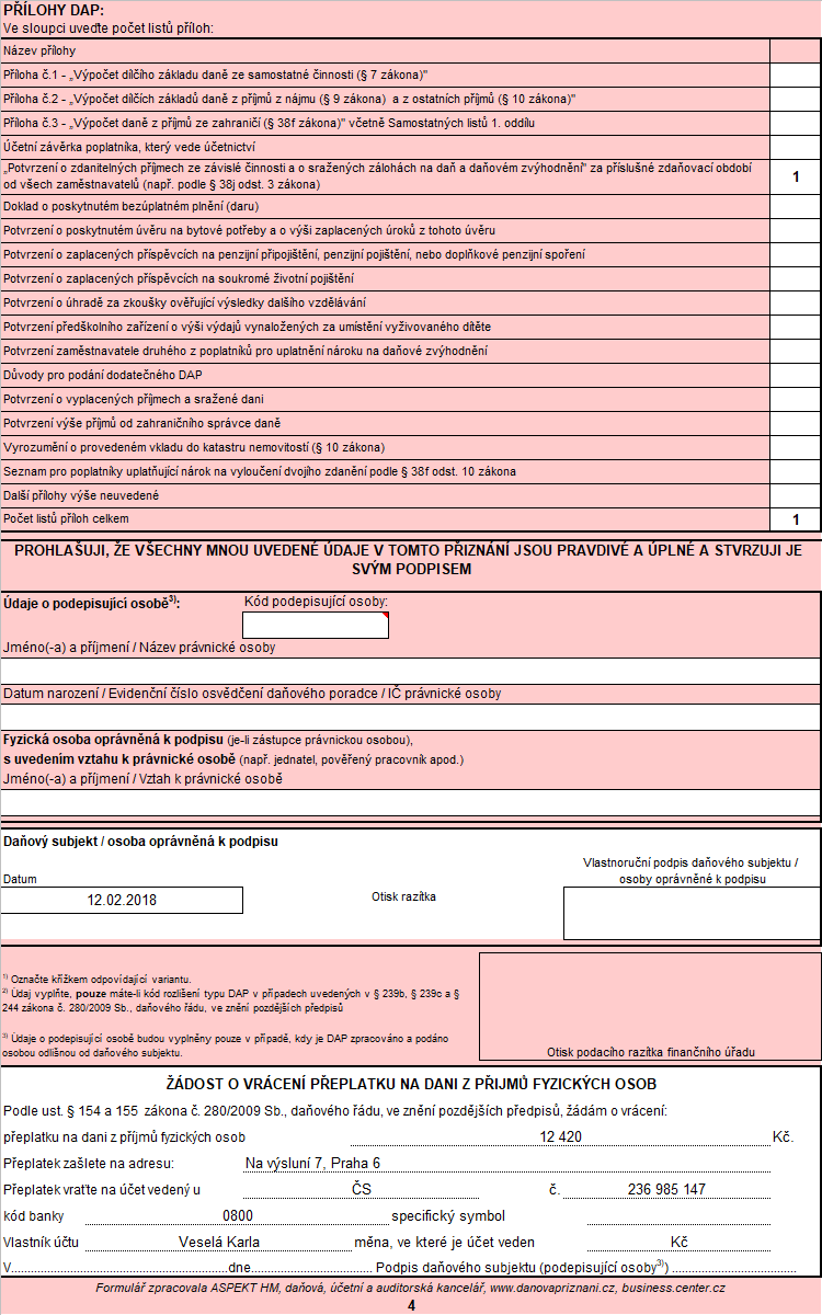 Vyplněná čtvrtá strana daňového přiznání.