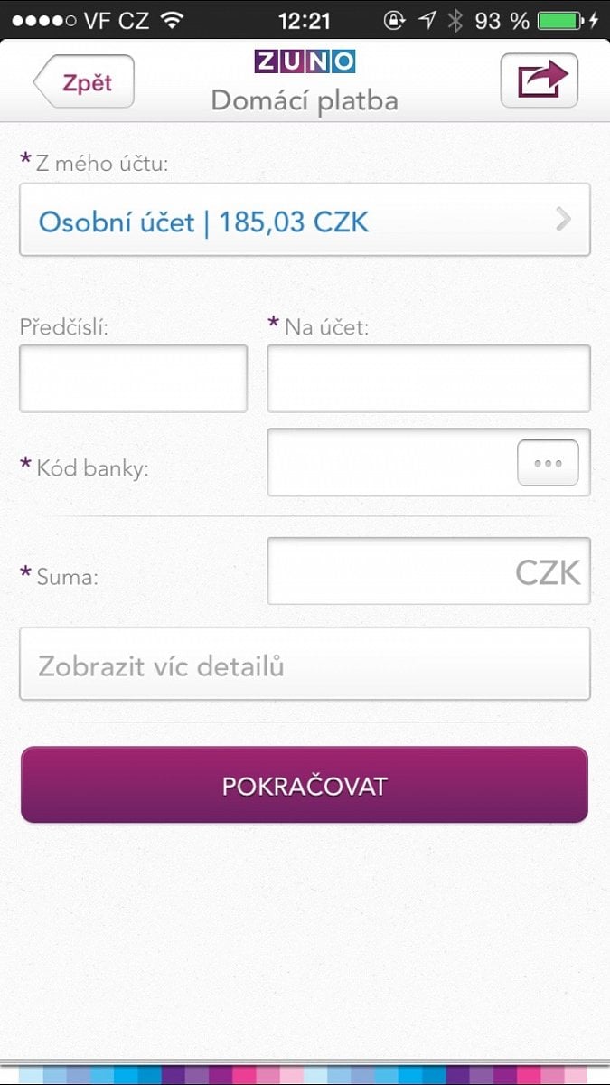 Mobilní bankovnictví Zuno Bank