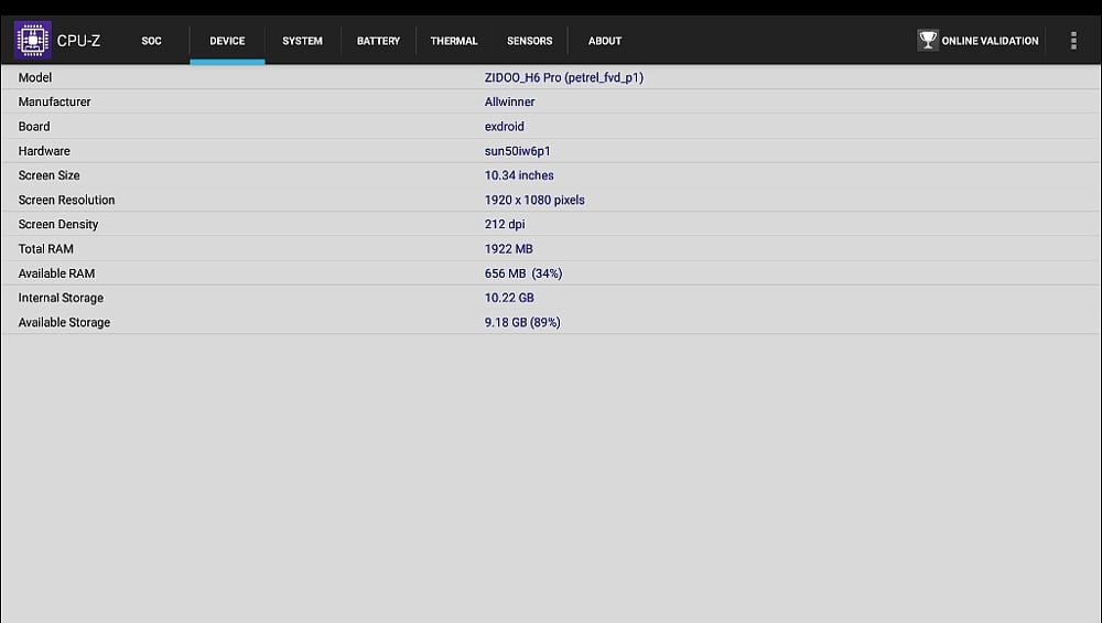 Zidoo H6 Pro - AnTuTu a CPU-Z