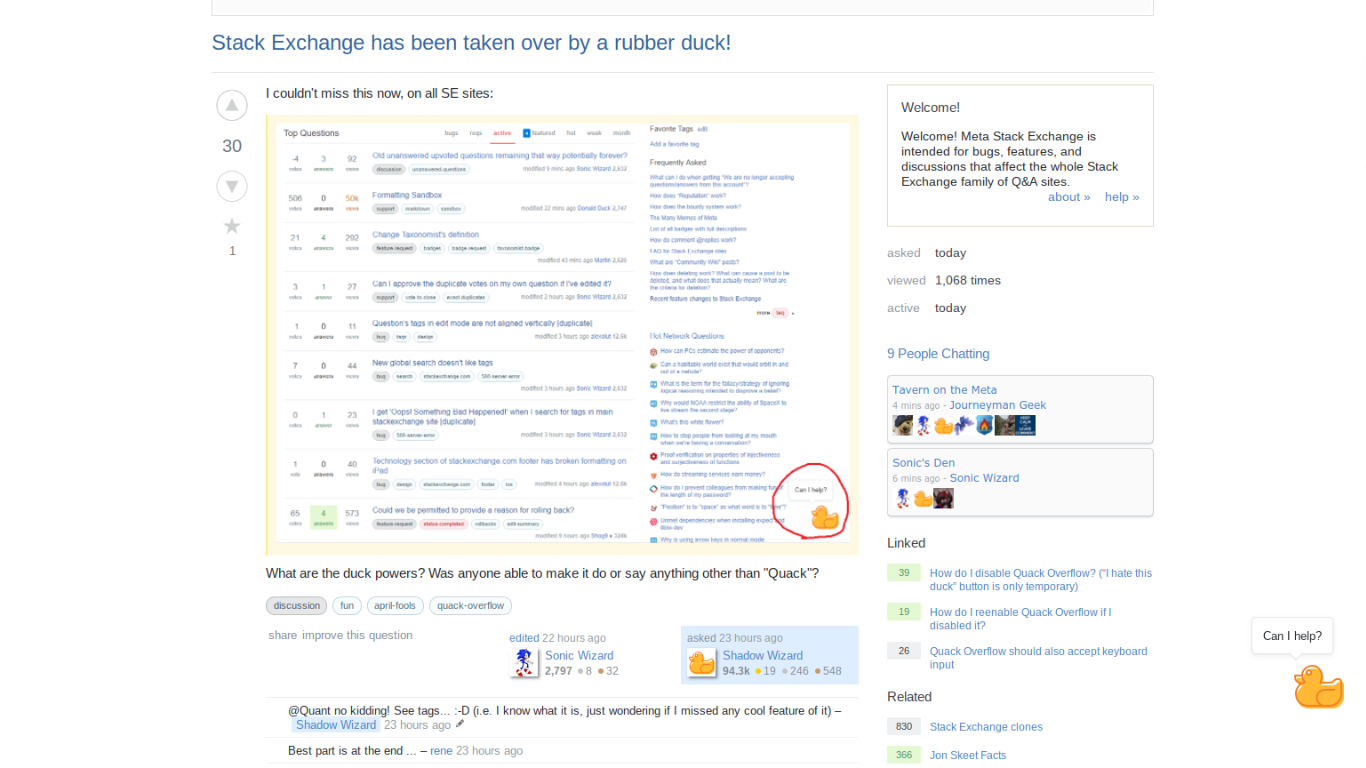 Komunitní vývojářský server Stack Overflow nabízí novou poradenskou službu Quack Overflow. V pravém dolním rohu máte k dispozici kachnu, která má odpovědi na všechny vaše otázky.