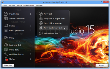 <p>Hlavní nabídka aplikace Ashampoo Burning Studio 15</p>