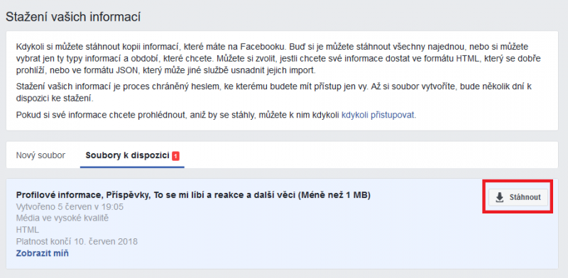 Informace z Facebooku jsou připraveny