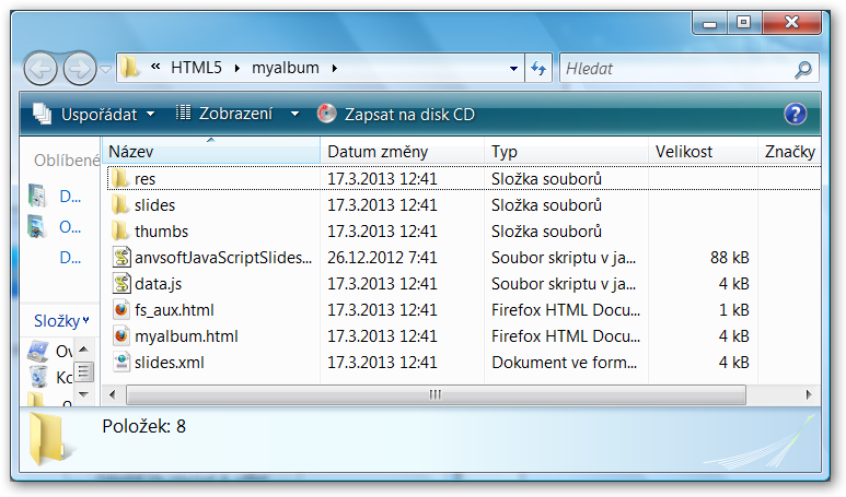 Obsah výstupního adresáře při použití HTML5.