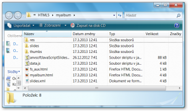 Obsah výstupního adresáře při použití HTML5.