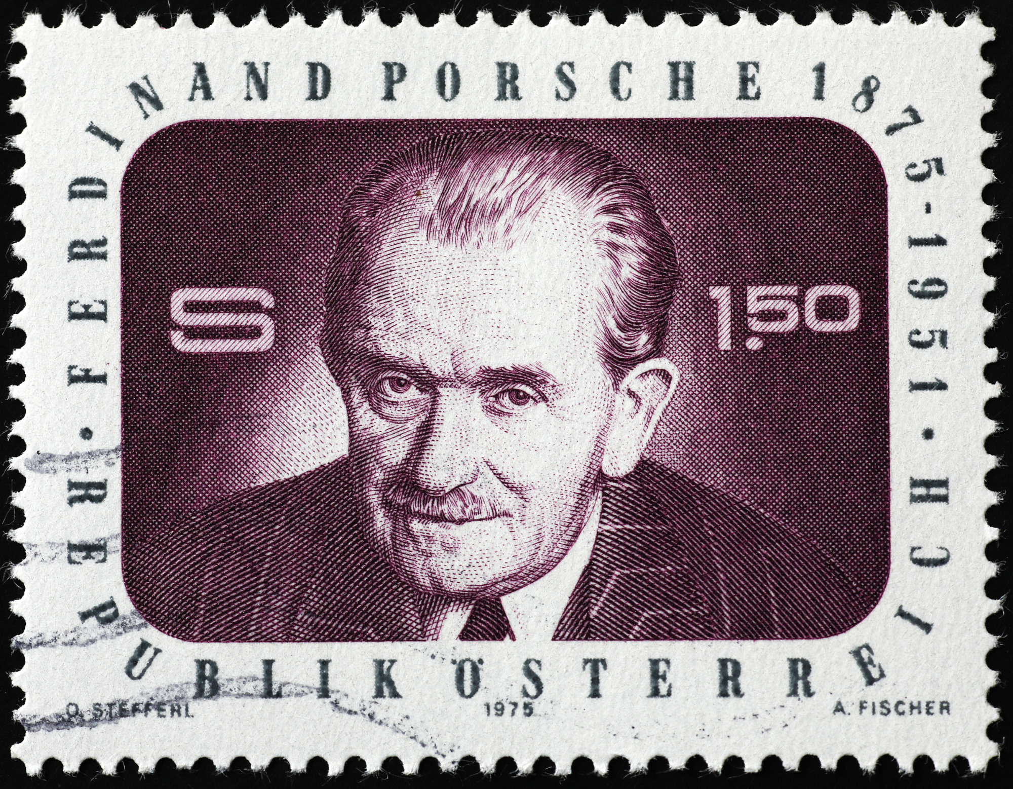 Rakouská poštovní známka Ferdinand Porsche z roku 1975.