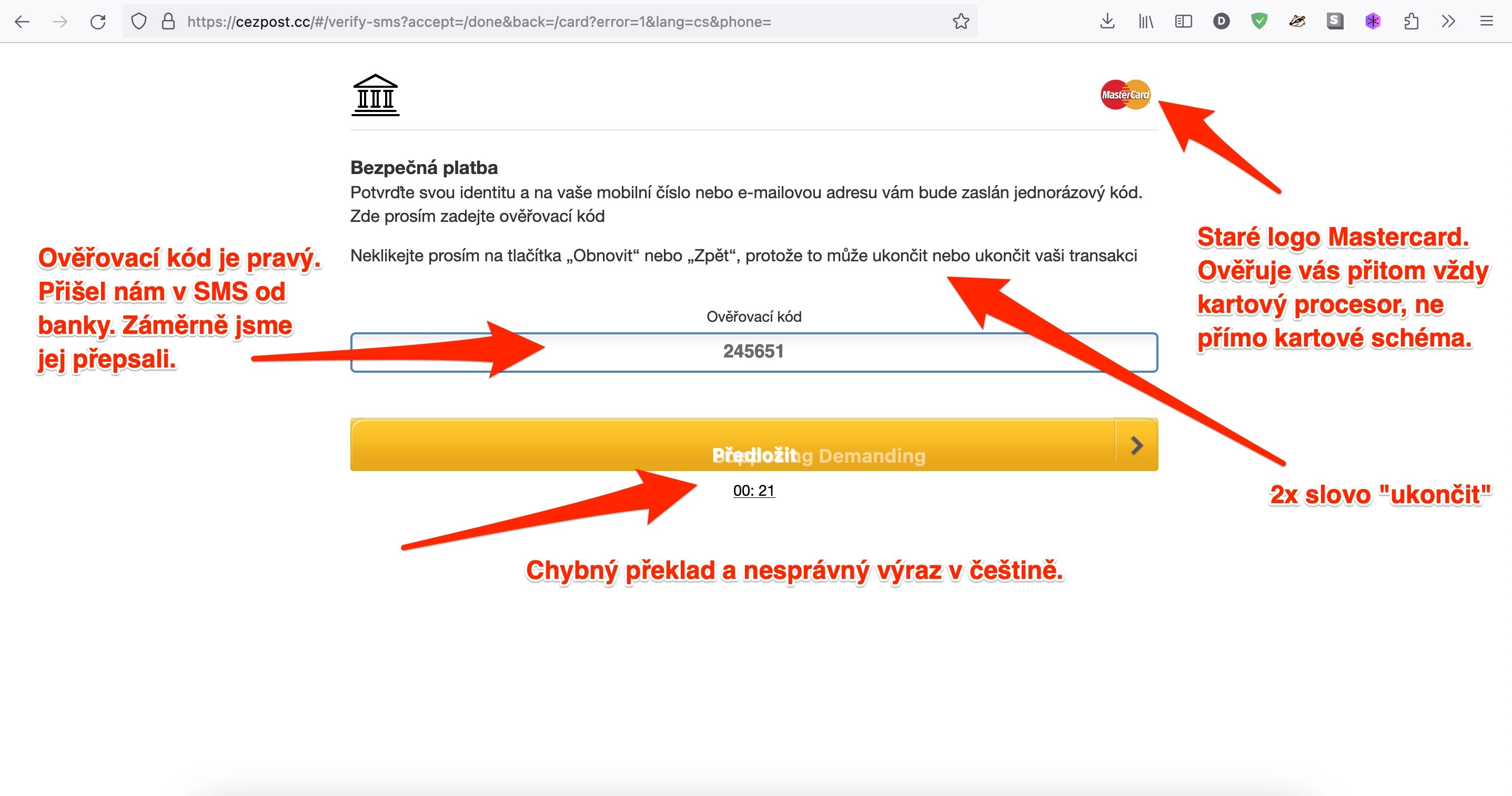 Reálný příklad phishingu přes SMS. Zadaná platební karta byla pravá a funkční. (19. 9. 2023)