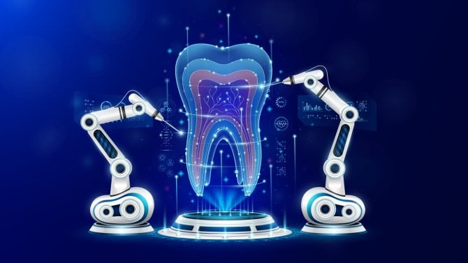 AI obrázek, který ukazuje stoličku ošetřovanou dvěma robotickými rameny