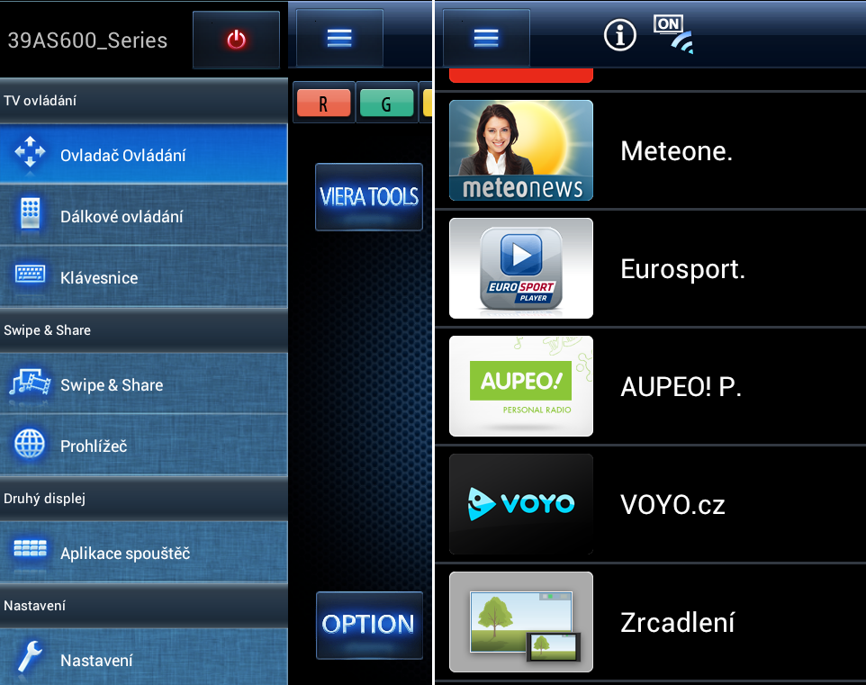 Ovladač Panasonic Remote 2 pro Android. Vlevo vidíte základní nabídku, vpravo pak nabídku widgetů televizoru AS500. Z telefonu Samsung Galaxy S2 jsem je mohl rovnou spustit.