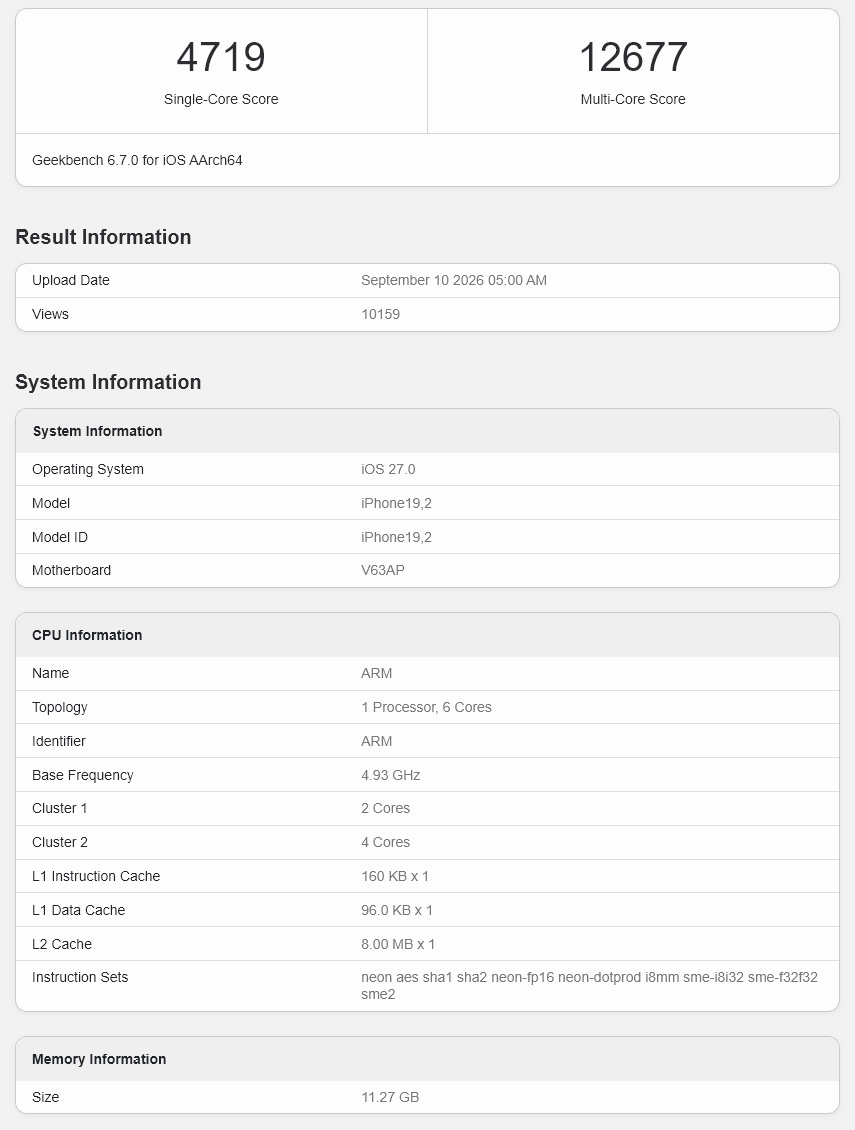Apple A20 Pro v Geekbench