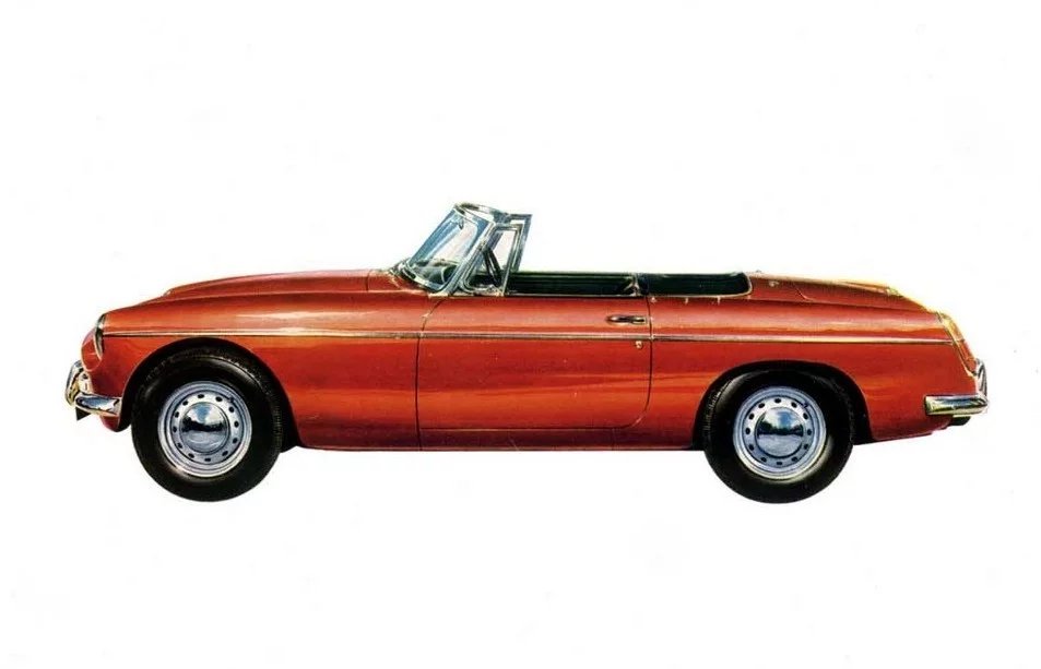 Jeden exemplář MGB (na tovární reklamní kresbě) se u nás prodal nový – a jako každé podobné sportovní auto té doby mělo na našich silnicích velmi těžký život
